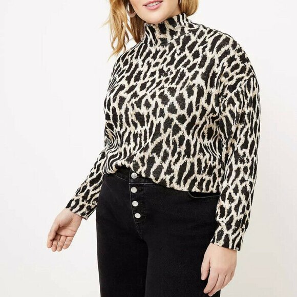 LOFT Plus Animal Spotted Mock Neck Top - Black Tan - Size 14 Plus - Picture 1 of 7